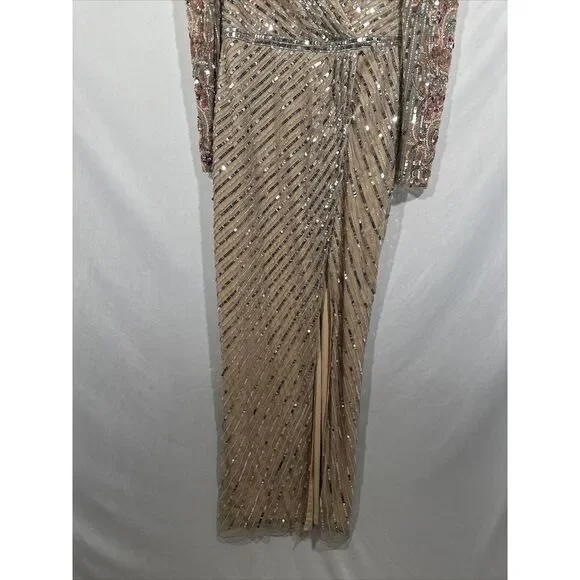 NWT $698 Mac Duggal [ 8 ] 5628 Long Sleeve Embellished Puff Sleeve‎ Gown Nude